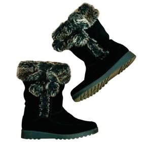 White Mountain Black Suede Boots with Faux Fur Trim Women’s Size 7